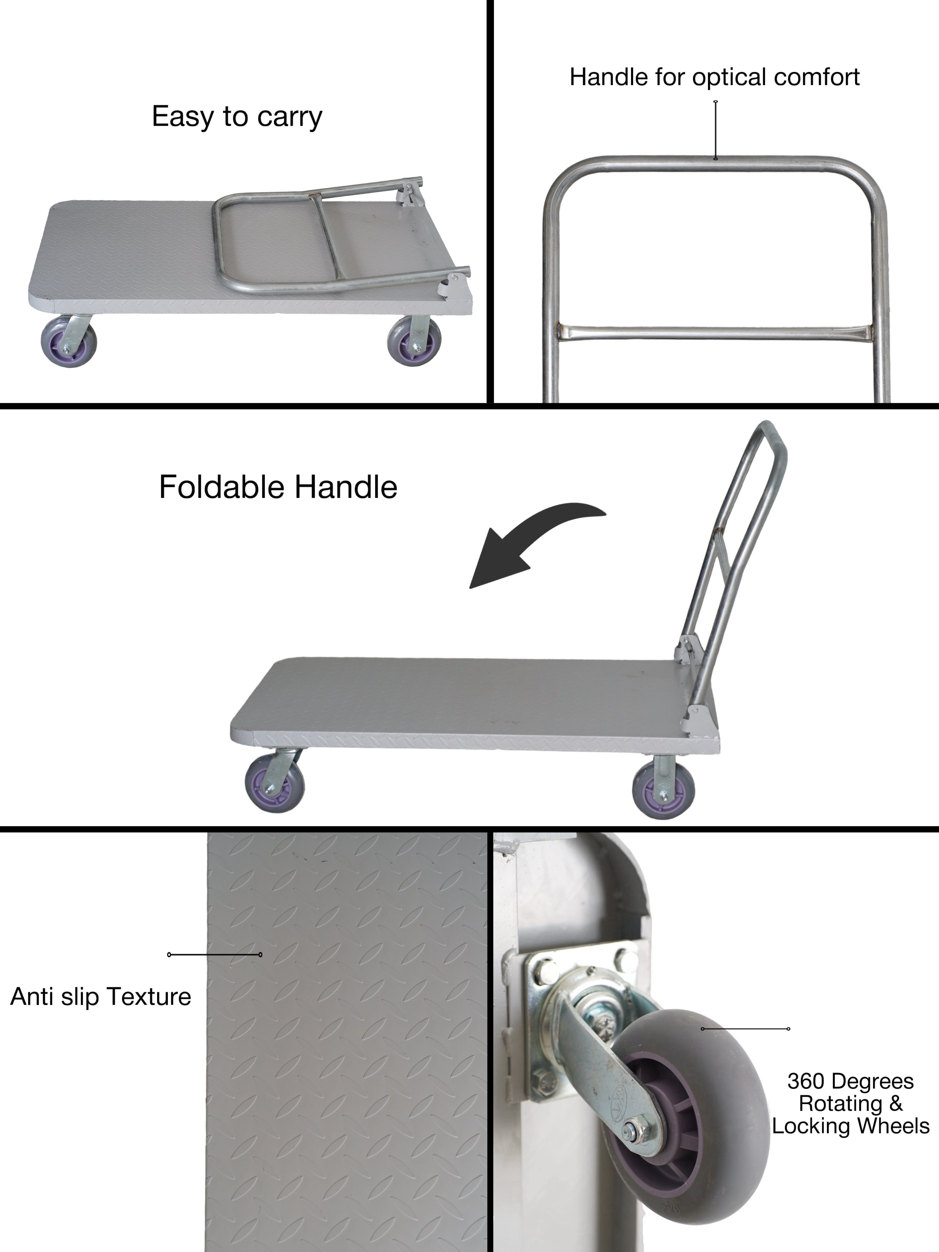 BIGAPPLE 700kg Capacity Iron Foldable Platform Trolley with Powder Coating for Heavy Weight/Material Handling Goods Trolly for Home, Office & Warehouse - 120cm x 66cm (6" Wheel/Silver)