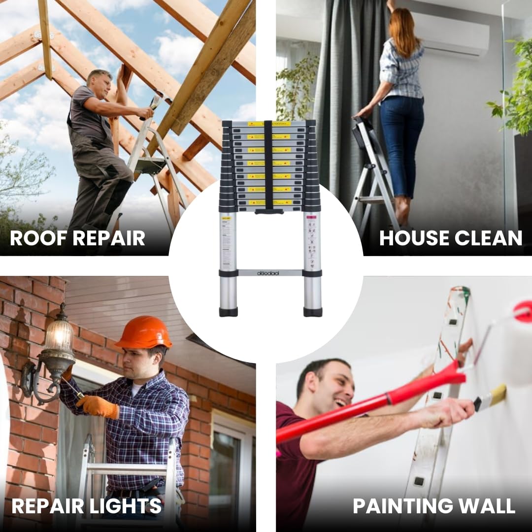 BIGAPPLE 5.0m (16.5 ft) Aluminium Telescopic Ladder, 13 Steps Foldable Ladder, EN131 Certified, Lightweight, Collapsible, Max Load up to 150 Kgs, 5 Meters, 16.5 ft