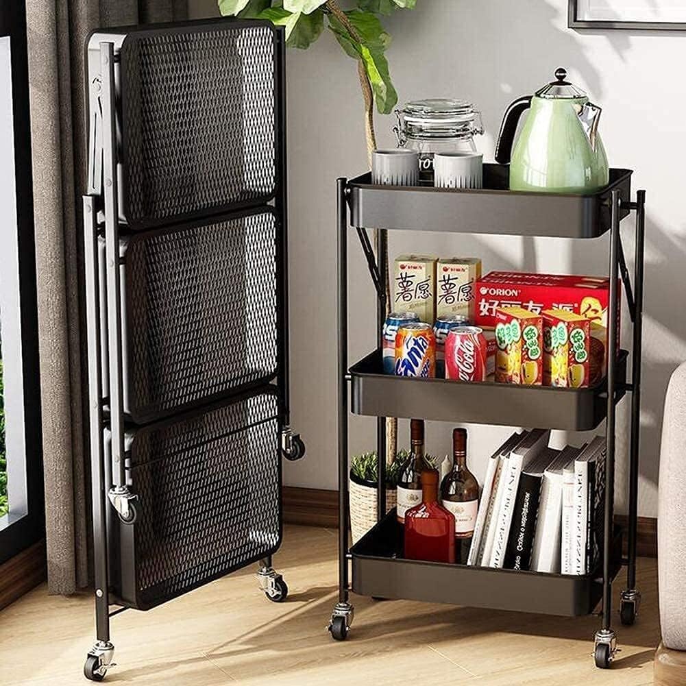 Bigapple 3 Tier Multipurpose Collapsible, Foldable Metal Storage Organizer, Rack, Trolley, cart for Kitchen, Bathroom and Office with Wheel-Rolling CART-Made in India, 77*46*30cm Foldable Type