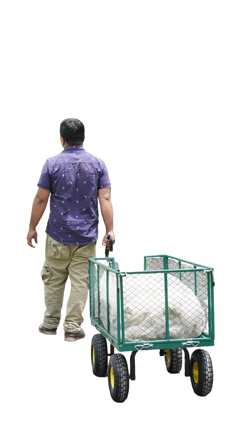BIGAPPLE 300 Kg Metal Dump Cart Jalli Type Trolley for Material Handling | 1-Year Warranty | Industrial Dolly Cart with 10" Wheels for warehousing, gardening and construction site usage