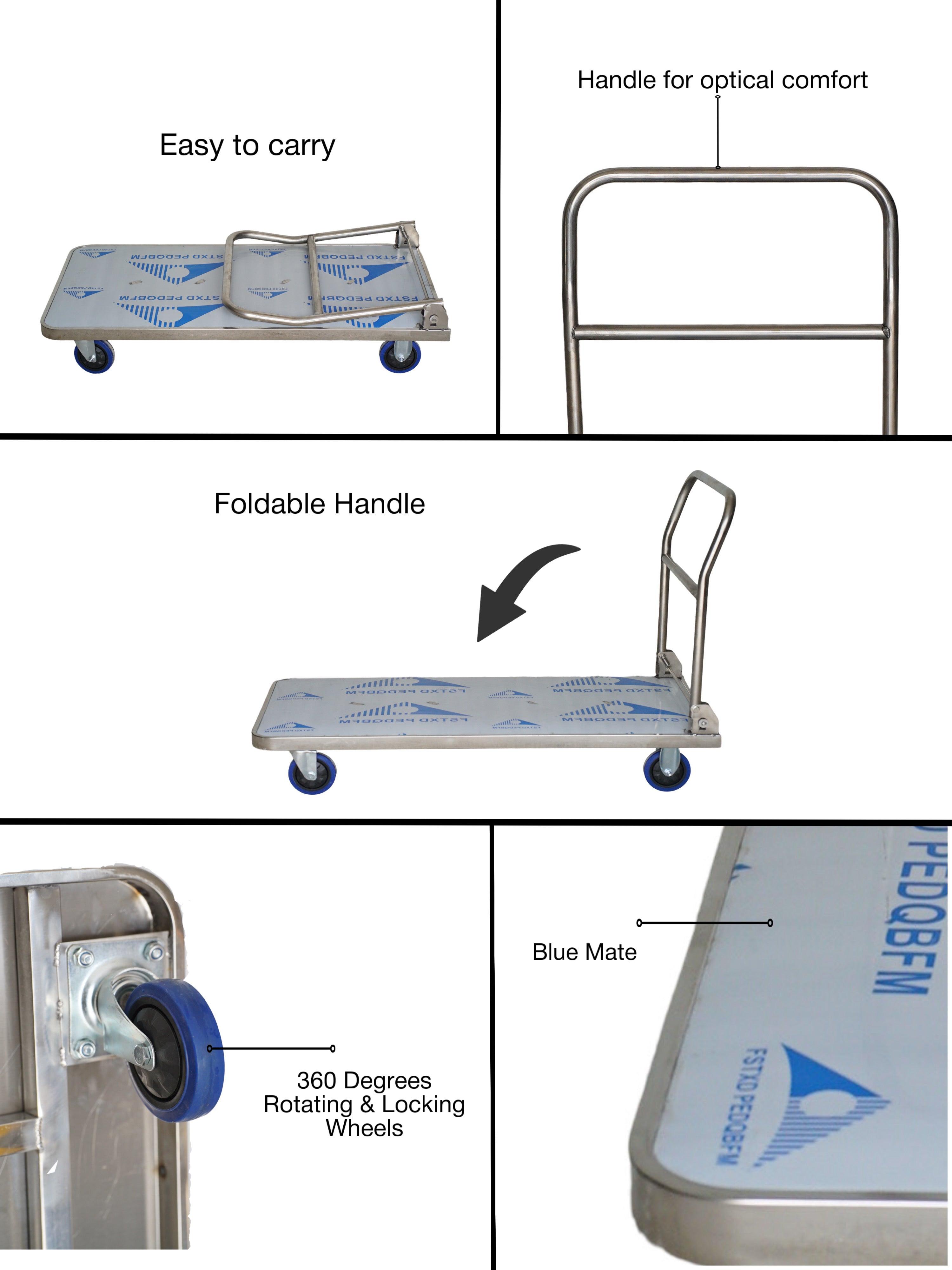 BIGAPPLE Stainless Steel with Protective Film Foldable Platform Trolley for Heavy Weight/Material Handling Goods Trolley for Home, Office, Warehouse & Industries (4 Wheels/Silver)