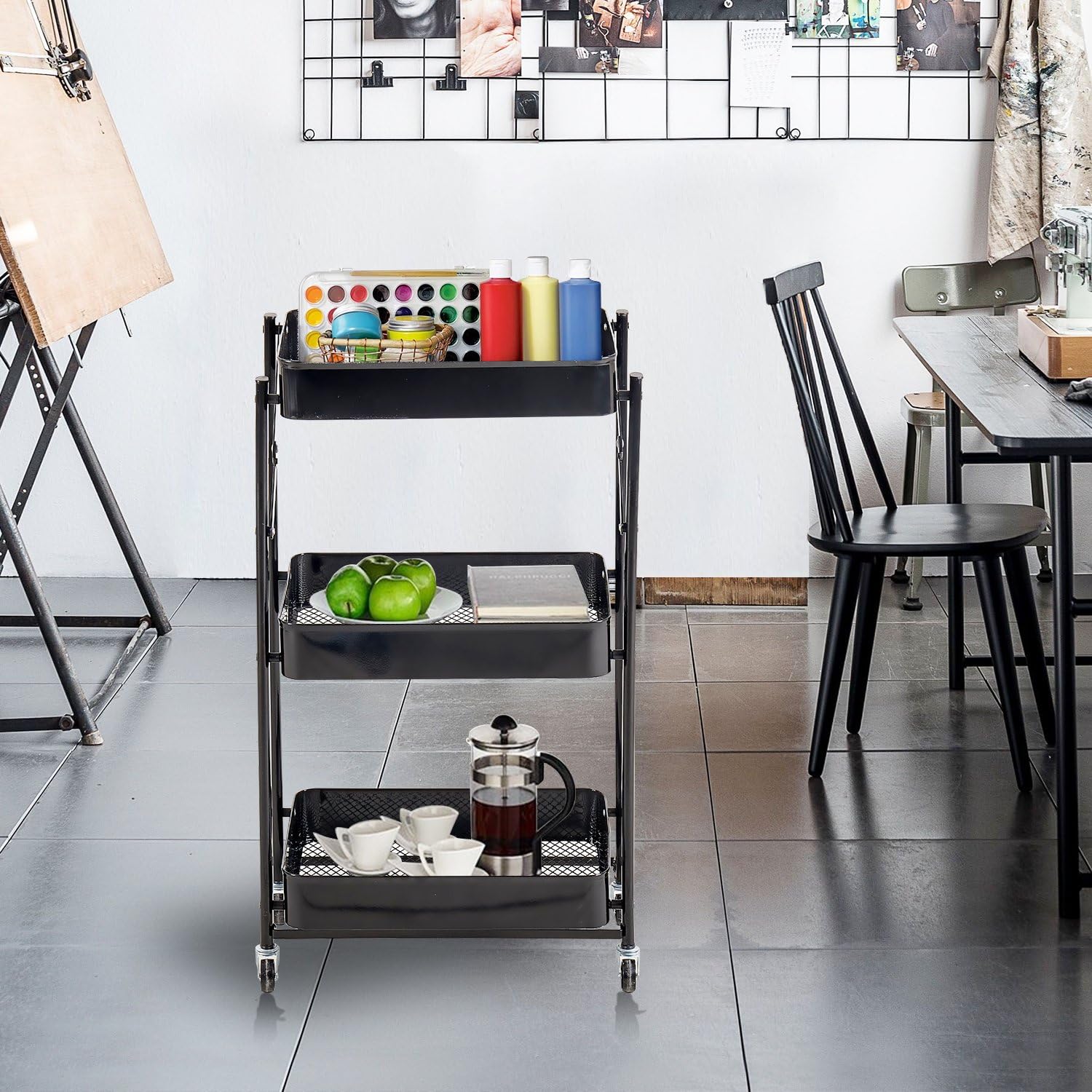 Bigapple 3 Tier Multipurpose Collapsible, Foldable Metal Storage Organizer, Rack, Trolley, cart for Kitchen, Bathroom and Office with Wheel-Rolling CART-Made in India, 77*46*30cm Foldable Type