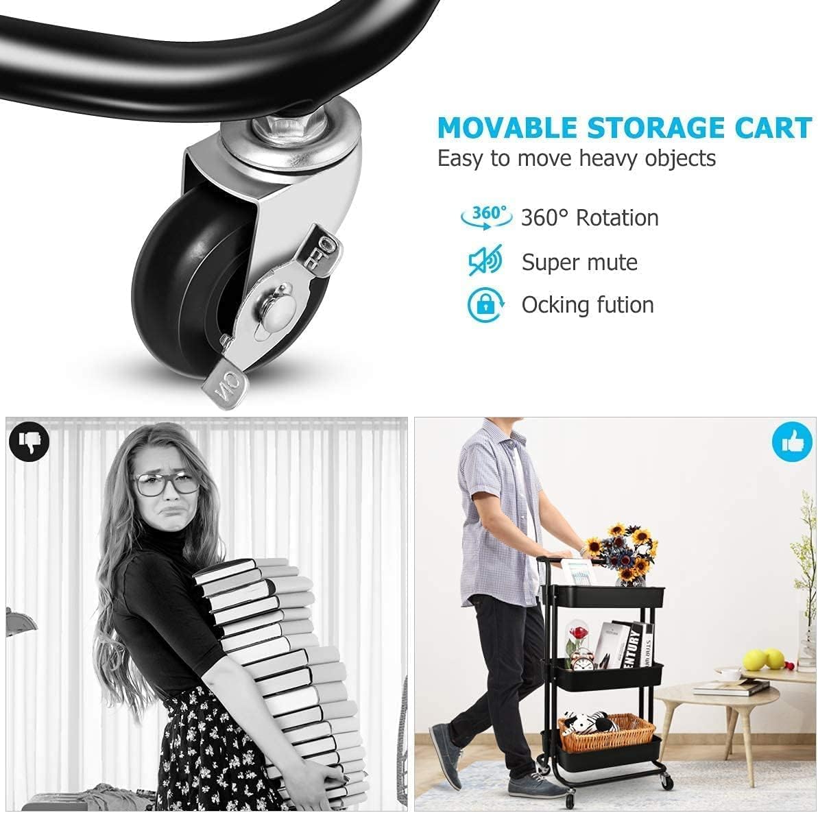 Bigapple 3 Tier Multipurpose Collapsible, Metal Storage Organizer, Rack, Trolley, cart for Kitchen, Bathroom and Office with Wheel-Rolling CART-Made in India, 86*43*36cm