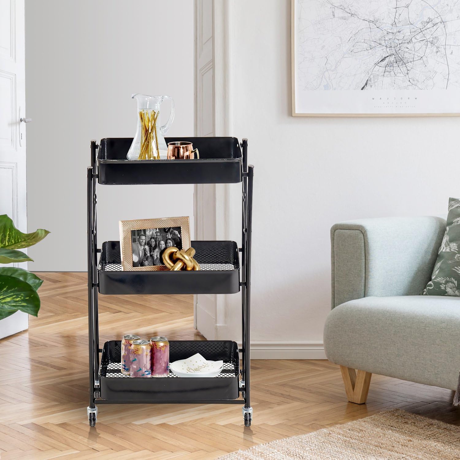 Bigapple 3 Tier Multipurpose Collapsible, Foldable Metal Storage Organizer, Rack, Trolley, cart for Kitchen, Bathroom and Office with Wheel-Rolling CART-Made in India, 77*46*30cm Foldable Type