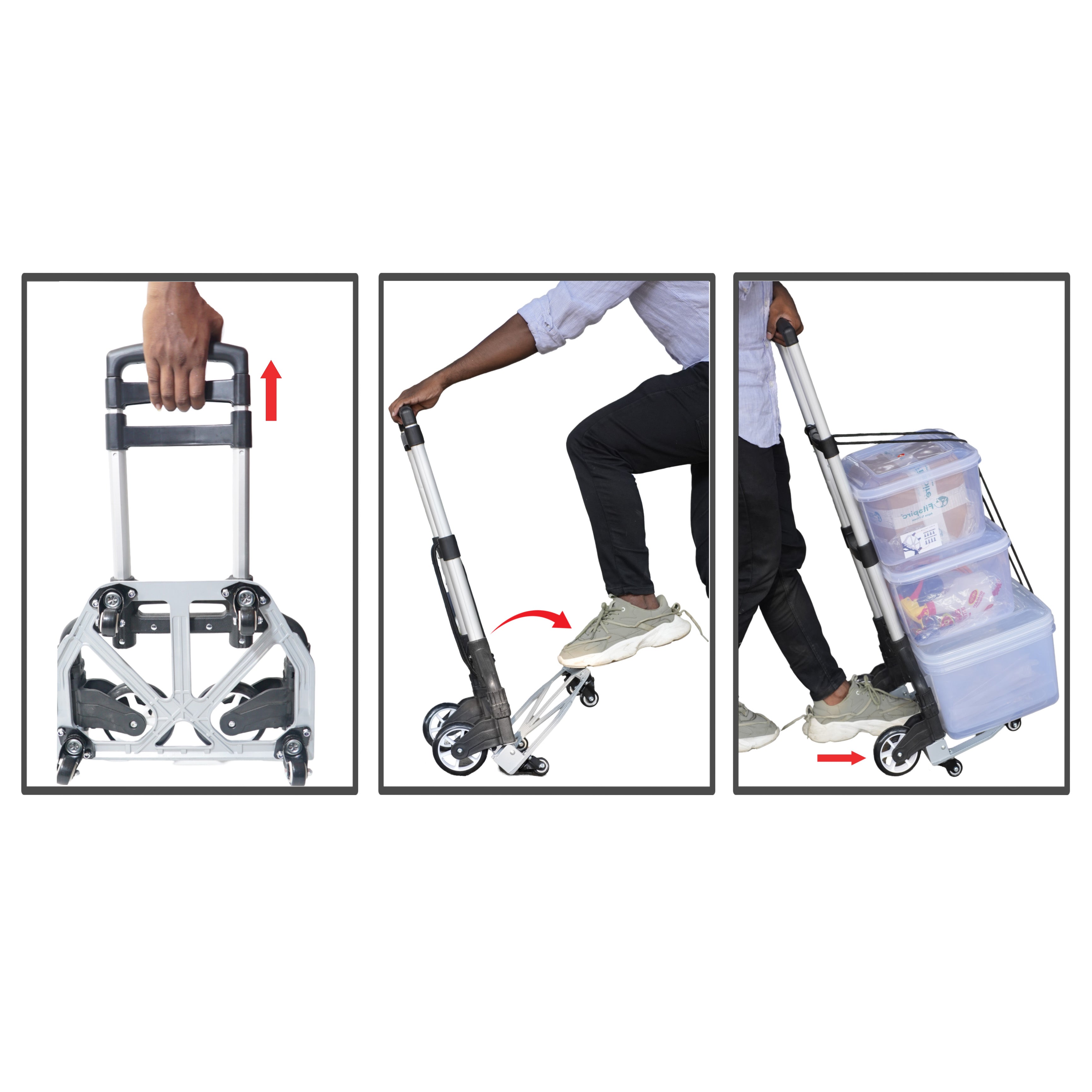 Bigapple Folding Hand Trolley Cart with Wheels I Adjustable Pull Handle I Heavy Duty Utility Cart I Portable, Light Weight Platform Truck I Luggage Trolley for Goods Carrying | Metal + ABS | 70Kg with Ext wheels