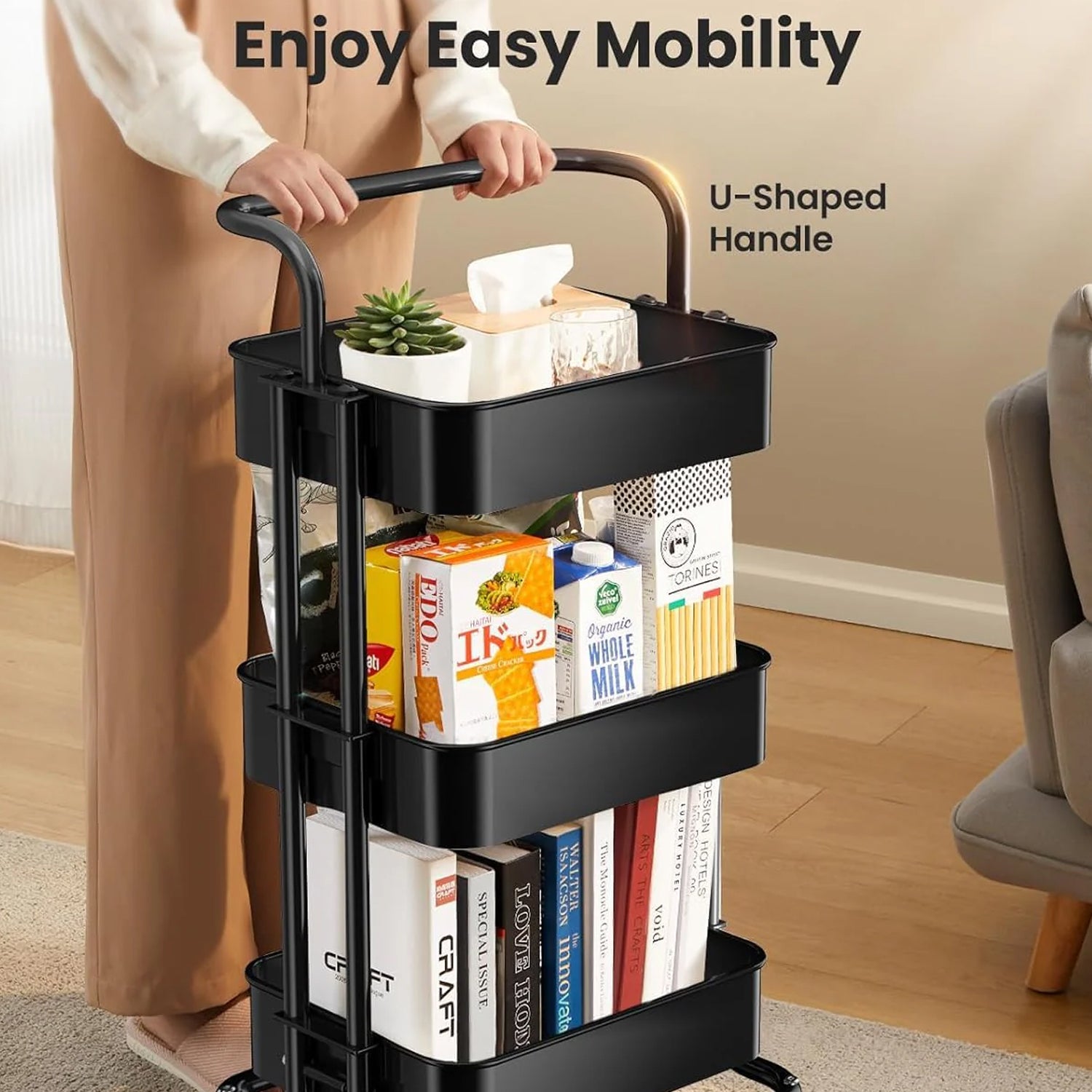 Bigapple 3 Tier Multipurpose Collapsible, Metal Storage Organizer, Rack, Trolley, cart for Kitchen, Bathroom and Office with Wheel-Rolling CART-Made in India, 86*43*36cm