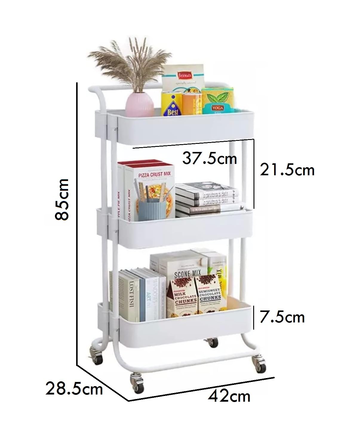 Bigapple 3 Tier Multipurpose Collapsible, Plastic Storage Organizer, Rack, Trolley, cart for Kitchen, Bathroom and Office with Wheel-Rolling CART-Made in India, 88*42*36cm