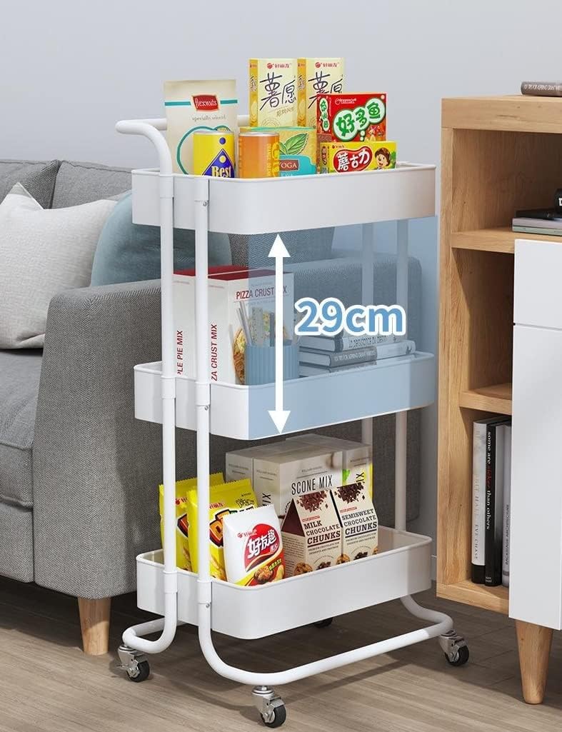 Bigapple 3 Tier Multipurpose Collapsible, Plastic Storage Organizer, Rack, Trolley, cart for Kitchen, Bathroom and Office with Wheel-Rolling CART-Made in India, 88*42*36cm