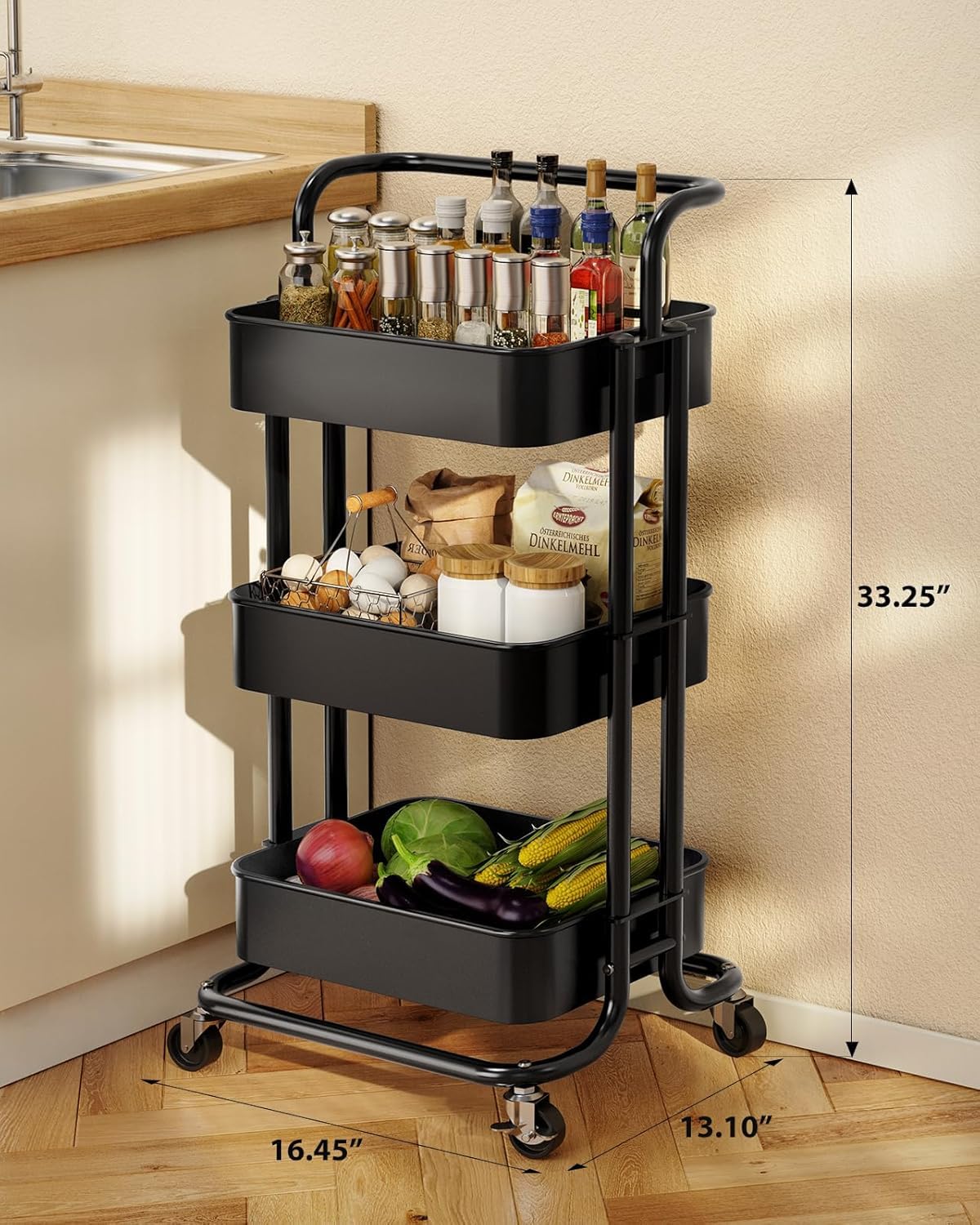Bigapple 3 Tier Multipurpose Collapsible, Metal Storage Organizer, Rack, Trolley, cart for Kitchen, Bathroom and Office with Wheel-Rolling CART-Made in India, 86*43*36cm