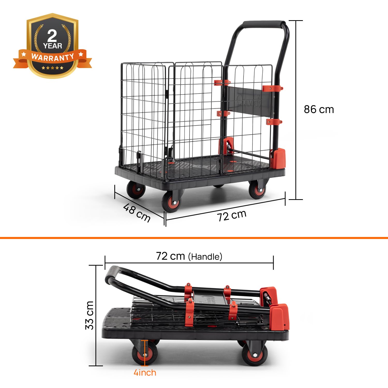 BIGAPPLE 150kg Capacity Plastic Collapsible Cage Platform Trolley for Heavy Weight/Material Handling Goods Trolley for Home, Office, Warehouse & Industries - 48cm x 72cm (4" Wheel/Black)