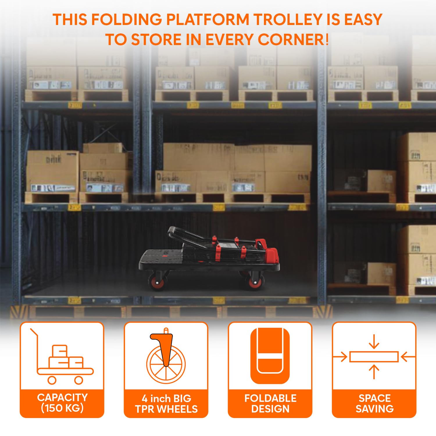 BIGAPPLE 150kg Capacity Plastic Collapsible Cage Platform Trolley for Heavy Weight/Material Handling Goods Trolley for Home, Office, Warehouse & Industries - 48cm x 72cm (4" Wheel/Black)