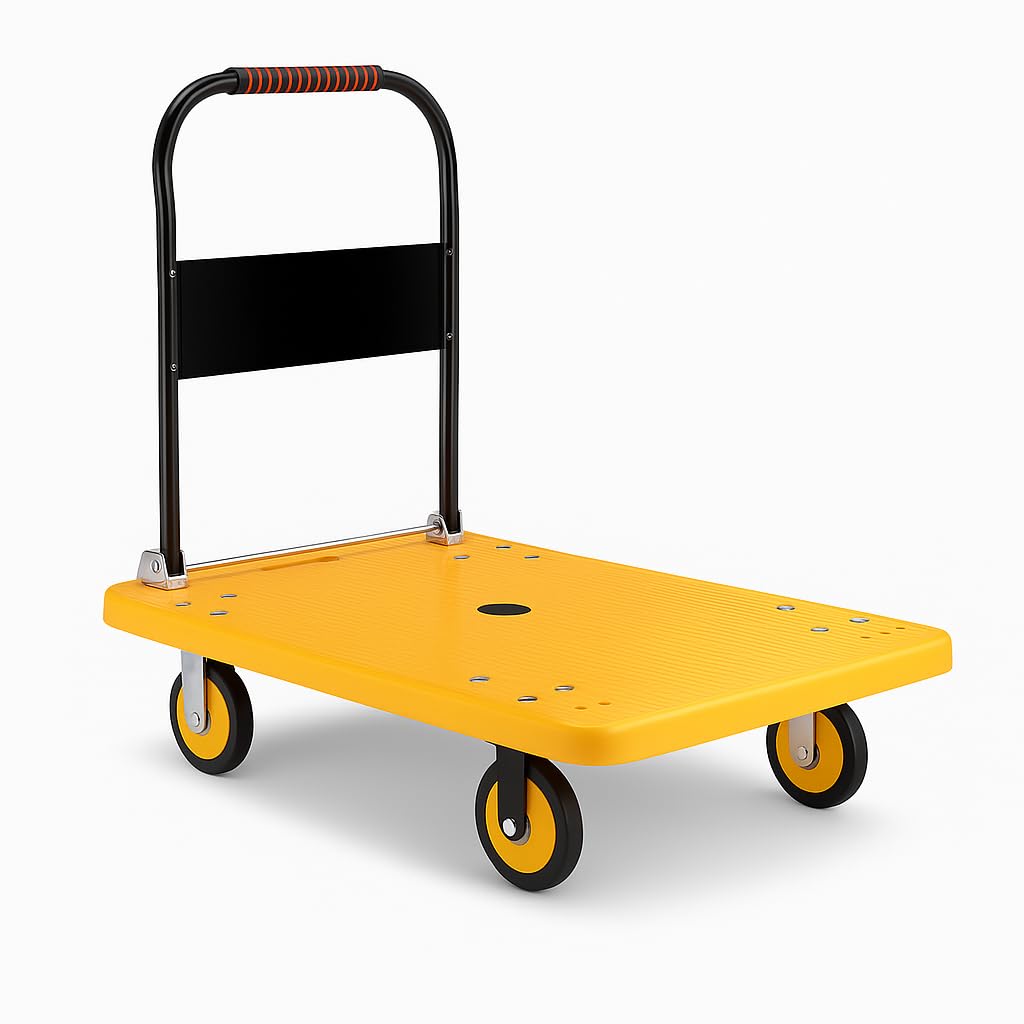 BIGAPPLE 250kg Capacity Plastic Foldable Platform Trolley for Heavy Weight/Material Handling Goods Trolley for Home, Office, Warehouse & Industries - 60cm x 90cm (4" Wheel/Yellow)