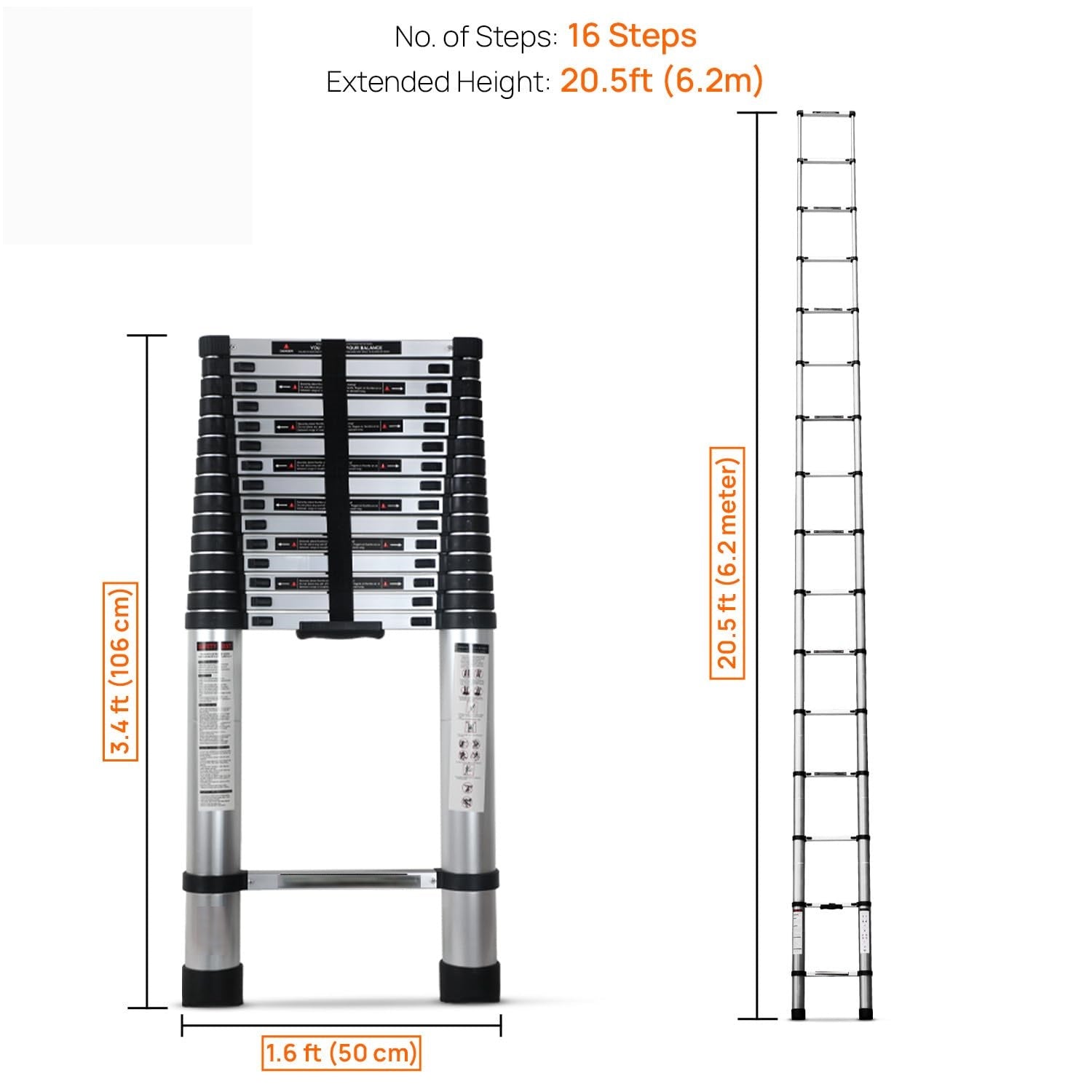 BIGAPPLE 6.2m (20.5 feet) Portable & Compact Aluminium Telescopic Ladder | 2-Year Warranty | EN131 Certified 16-Steps Foldable Multipurpose Collapsible Ladder for Home & Outdoor use Silver