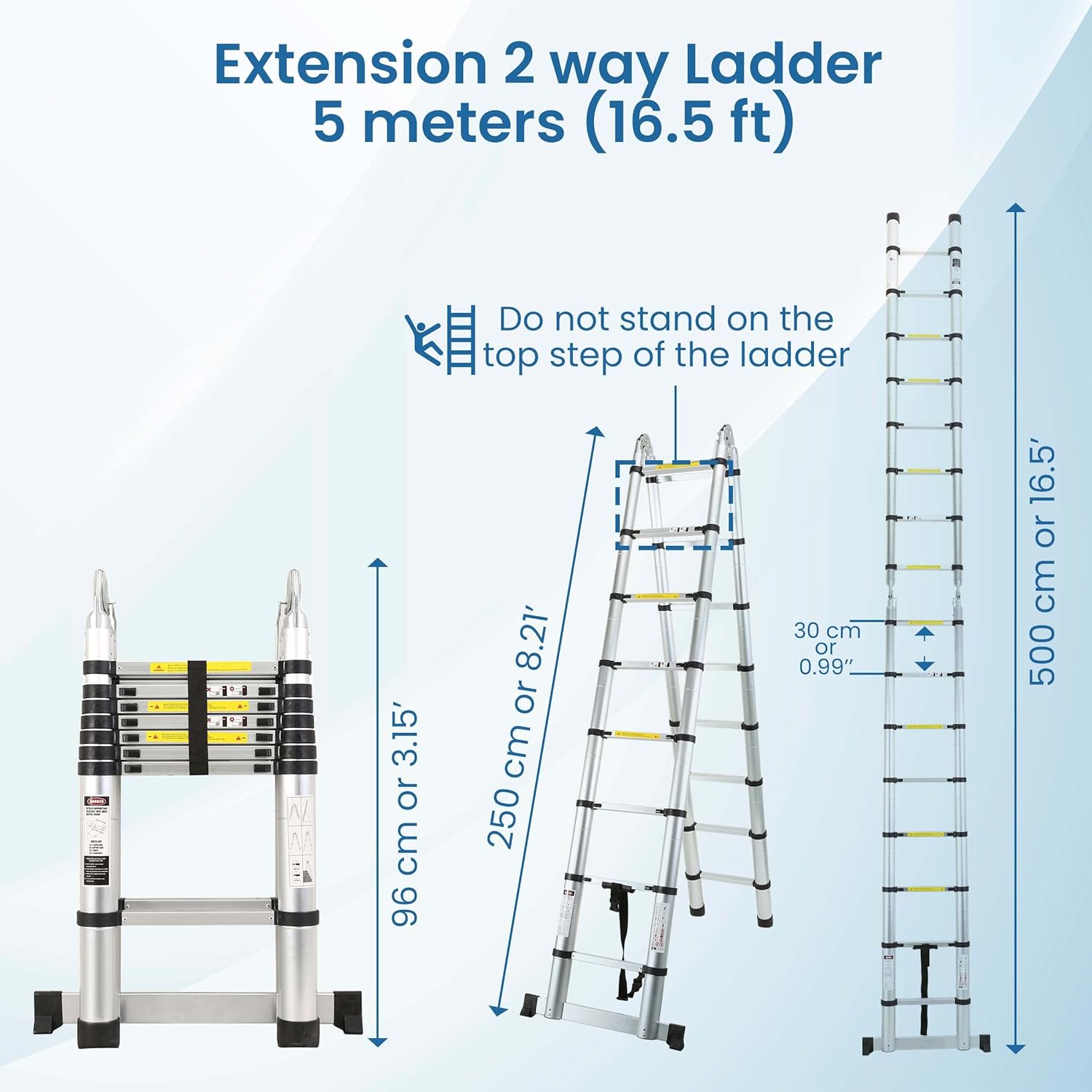 BIGAPPLE 5.0m (16.5 ft) Aluminium Telescopic Ladder, 8x2 Steps Foldable Ladder, EN131 Certified, A Type Ladder, Lightweight, Collapsible, Max Load up to 150 Kgs, 5 Meters, 16.5 ft Silver