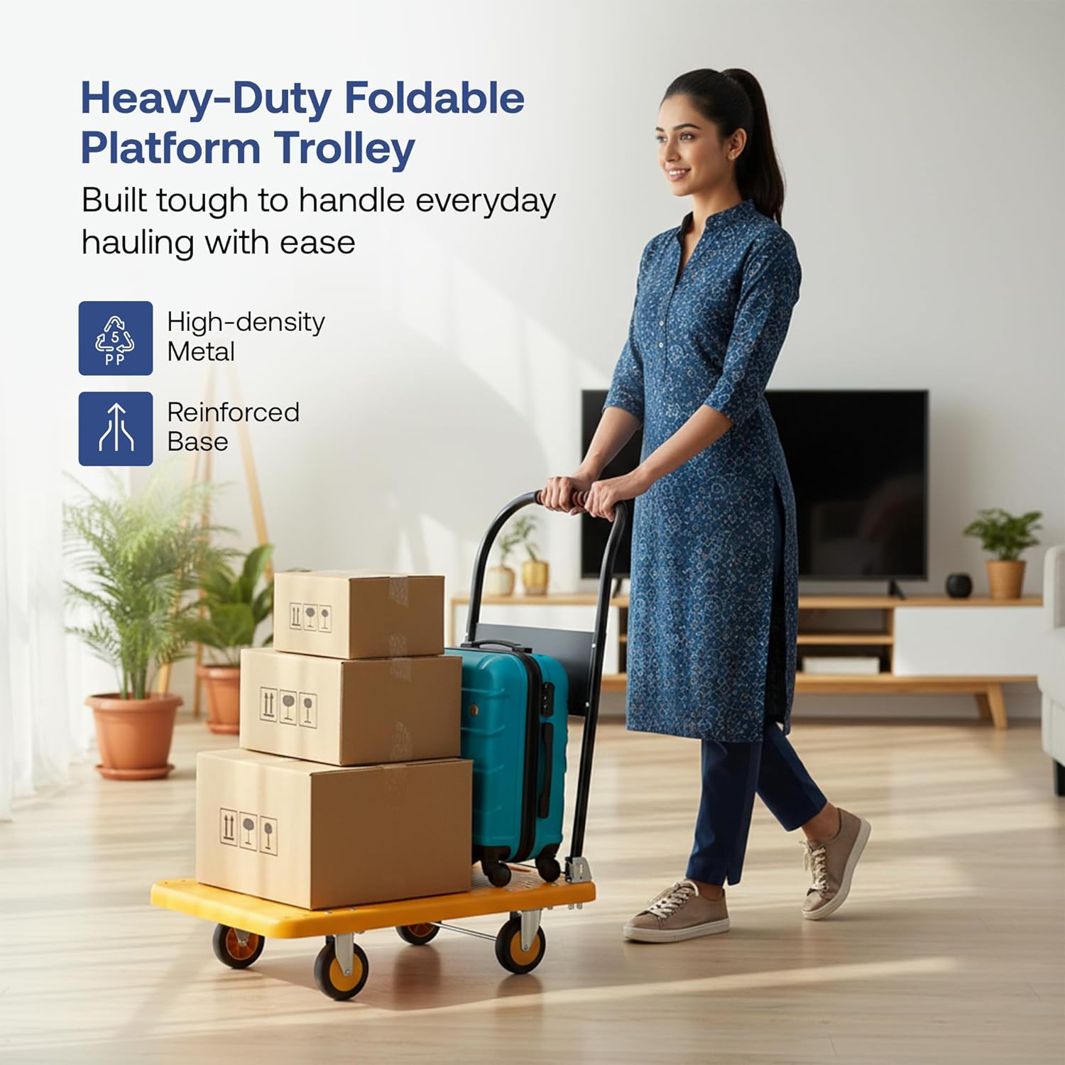 BIGAPPLE 250kg Capacity Plastic Foldable Platform Trolley for Heavy Weight/Material Handling Goods Trolley for Home, Office, Warehouse & Industries - 60cm x 90cm (4" Wheel/Yellow)