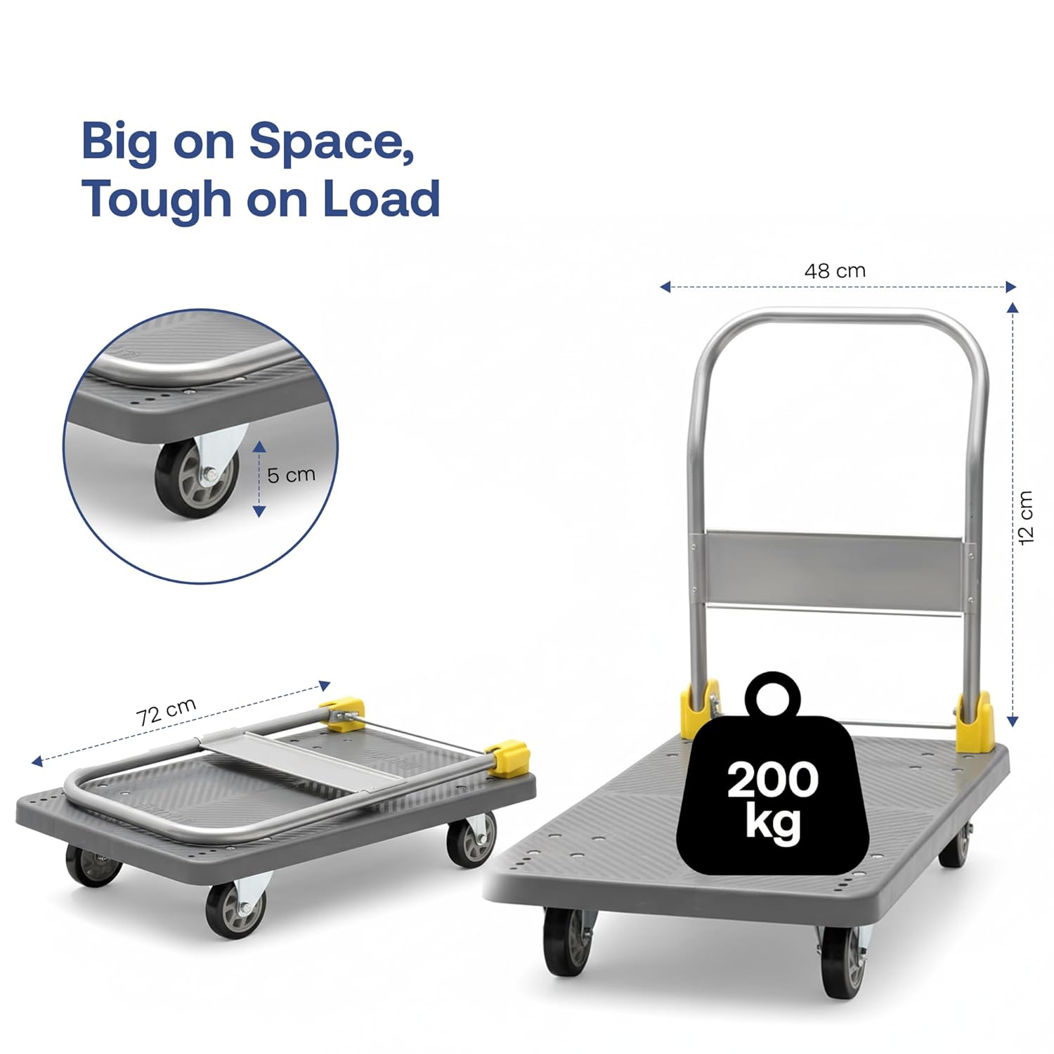 200kg BIGAPPLE Plastic Foldable Platform Trolley for Heavy Weight/Material Handling Goods Trolley for Home, Office, Warehouse & Industries -Grey Color