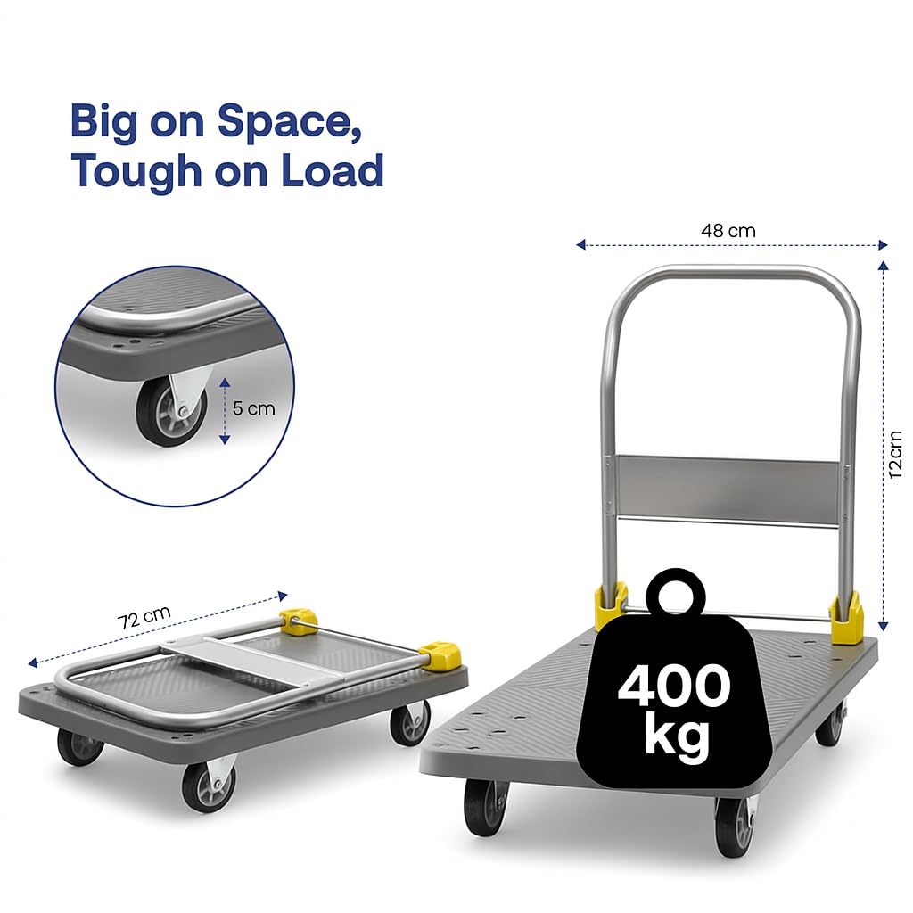 400kg BIGAPPLE Plastic Foldable Platform Trolley for Heavy Weight/Material Handling Goods Trolley for Home, Office, Warehouse & Industries -Grey Color