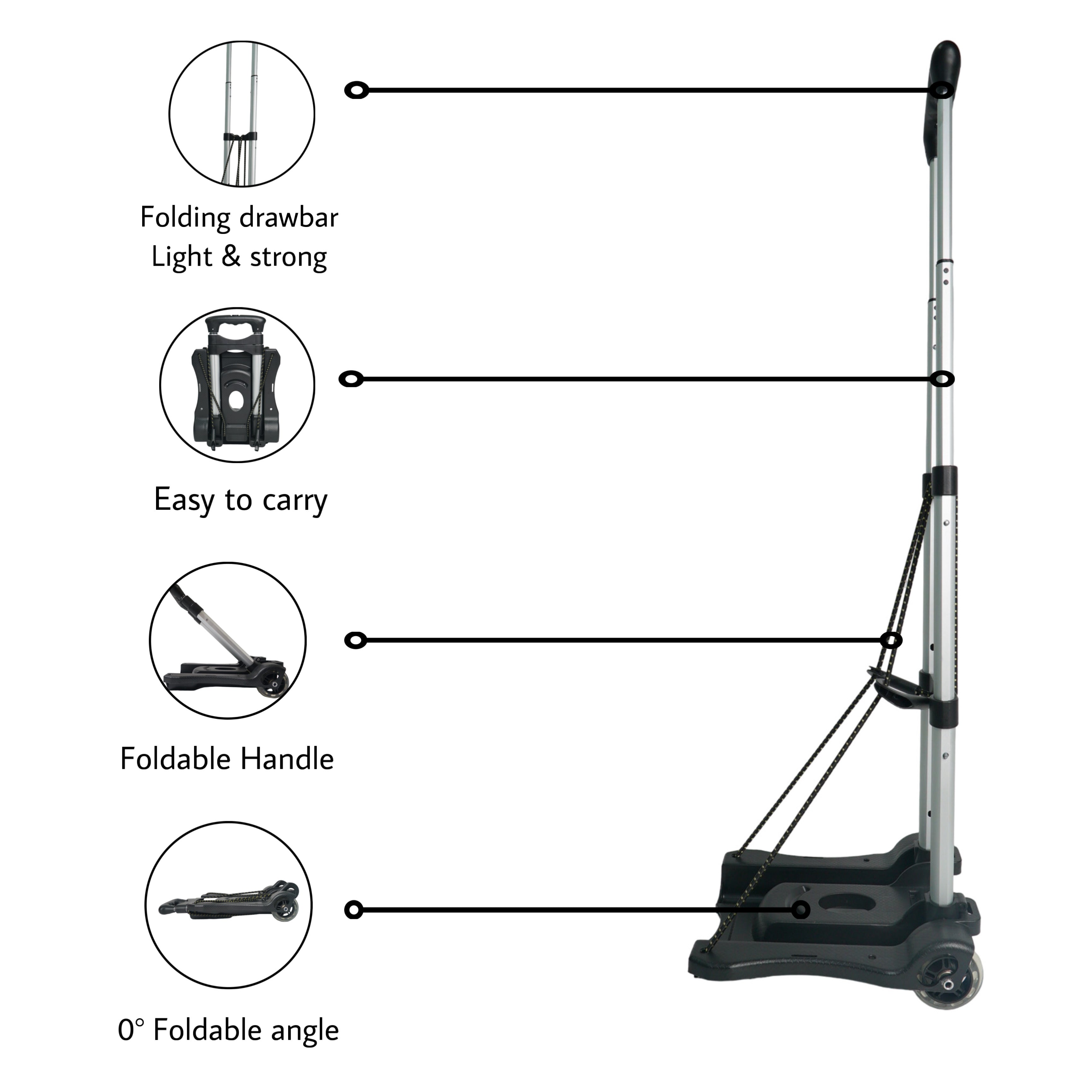 Bigapple Folding Hand Trolley Cart with Wheels I Adjustable Pull Handle I Heavy Duty Utility Cart I Portable, Light Weight Platform Truck I Luggage Trolley for Goods Carrying | Aluminium + ABS | 40Kg Capacity