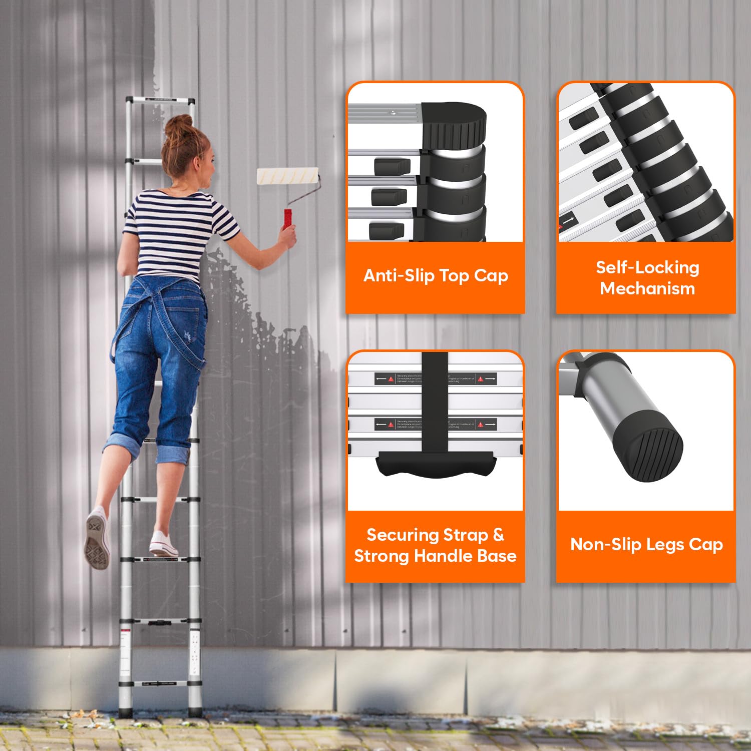 BIGAPPLE 6.2m (20.5 feet) Portable & Compact Aluminium Telescopic Ladder | 2-Year Warranty | EN131 Certified 16-Steps Foldable Multipurpose Collapsible Ladder for Home & Outdoor use Silver