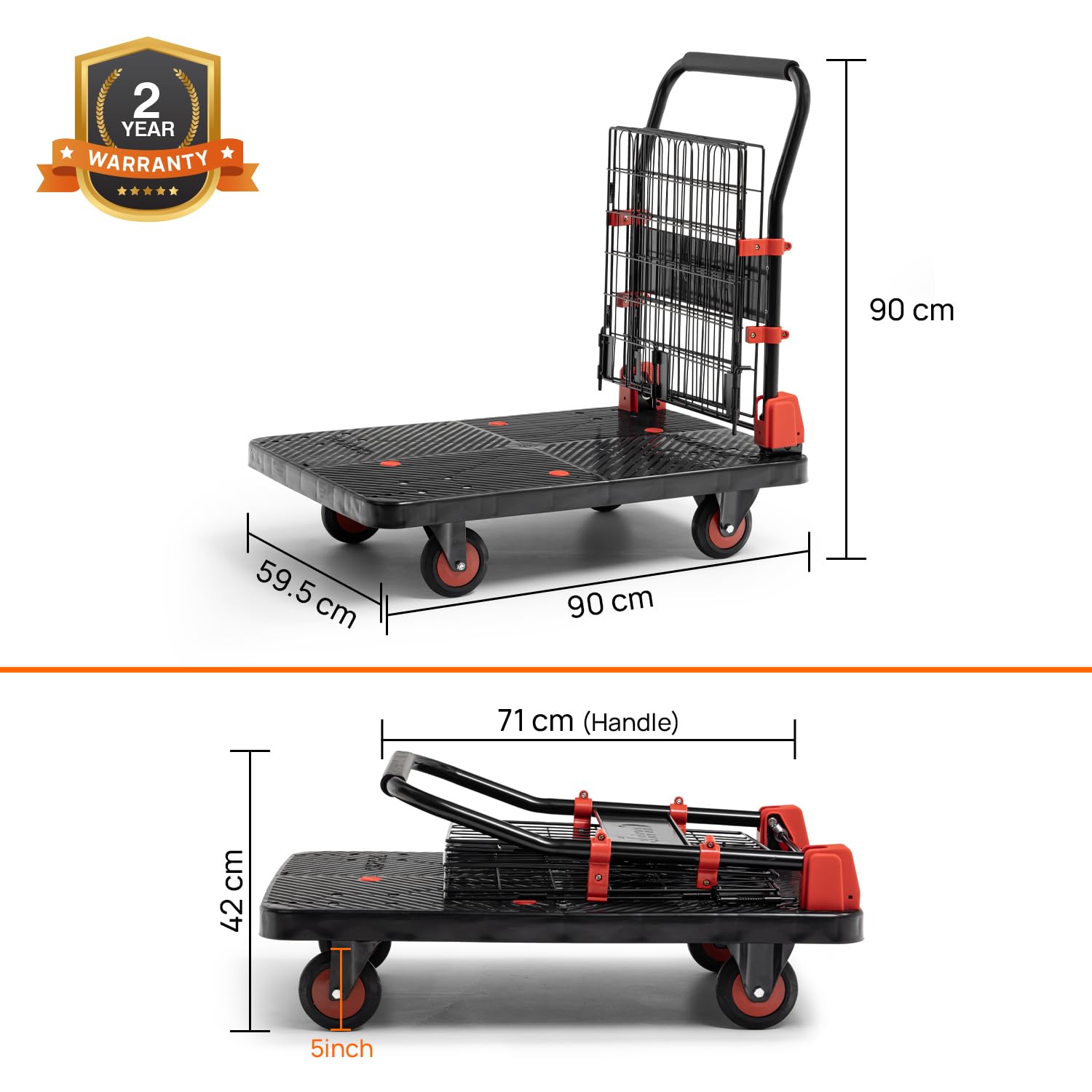 BIGAPPLE 150kg Capacity Plastic Collapsible Cage Platform Trolley for Heavy Weight/Material Handling Goods Trolley for Home, Office, Warehouse & Industries - 48cm x 72cm (4" Wheel/Black)