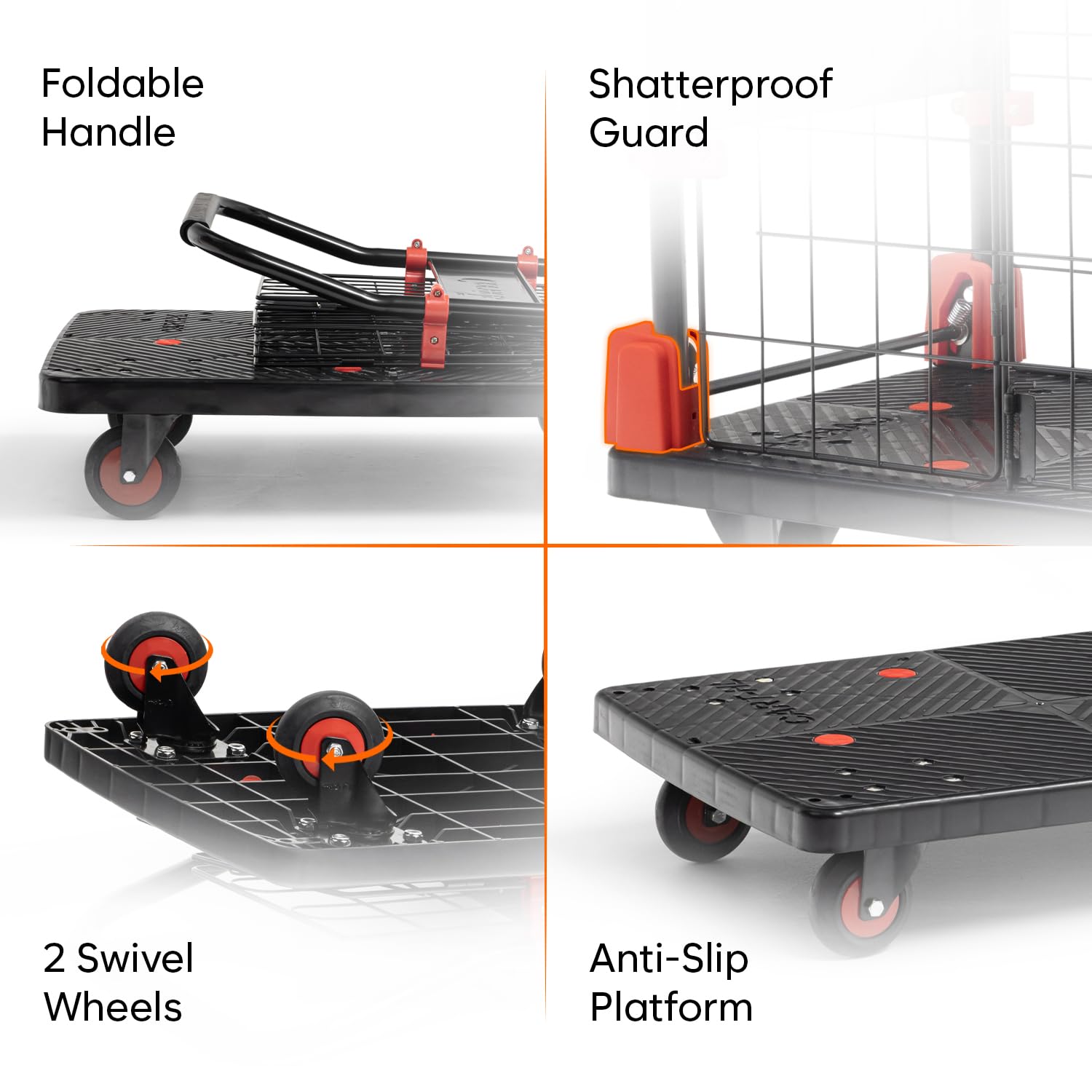 BIGAPPLE 150kg Capacity Plastic Collapsible Cage Platform Trolley for Heavy Weight/Material Handling Goods Trolley for Home, Office, Warehouse & Industries - 48cm x 72cm (4" Wheel/Black)