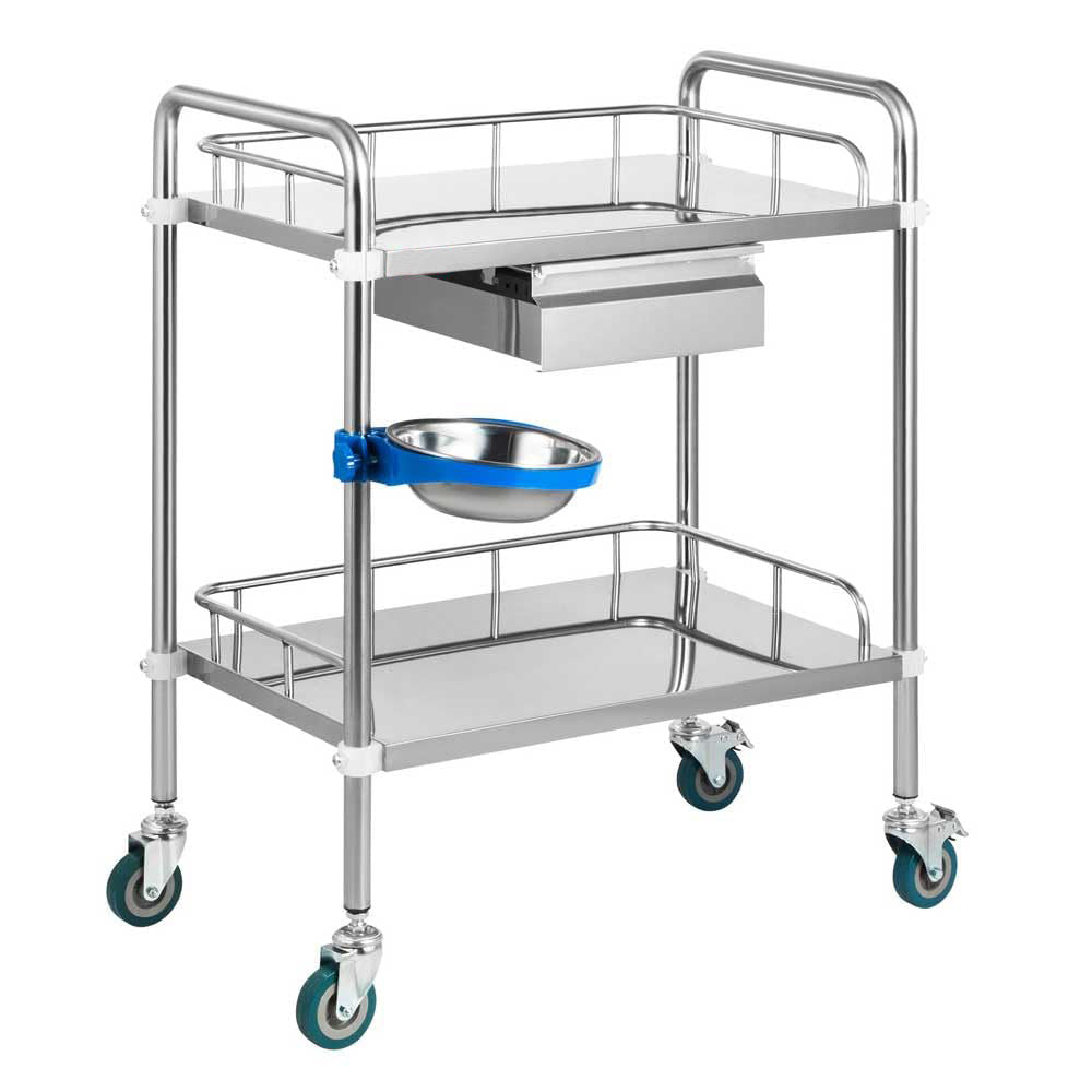 Bigapple Stainless Steel 2 Shelf Medical Instrument Trolley with Bin and drawer (60 L × 40 W × 86 H CM's)