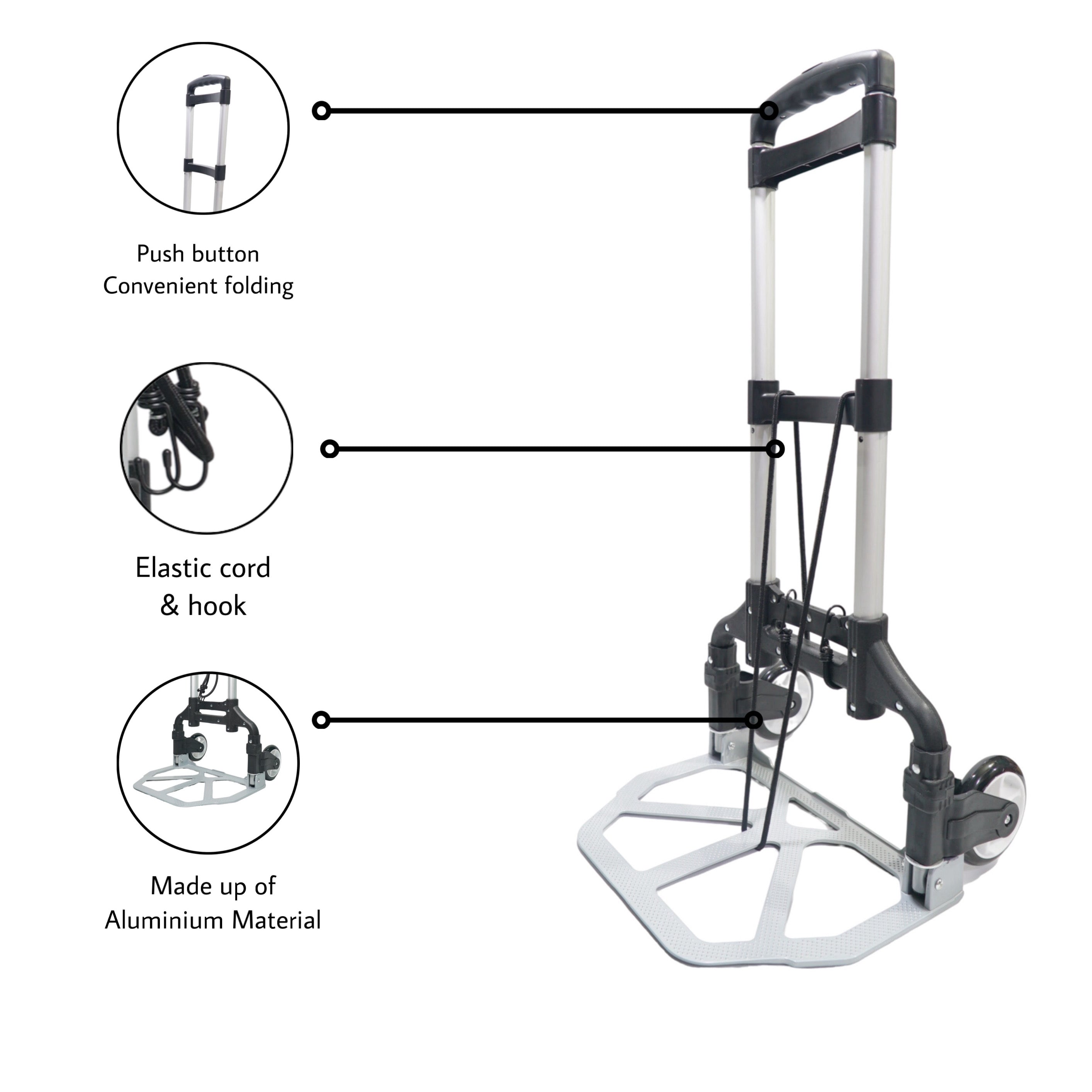 Bigapple Folding Hand Trolley Cart with Wheels I Adjustable Pull Handle I Heavy Duty Utility Cart I Portable, Light Weight Platform Truck I Luggage Trolley for Goods Carrying | Aluminium + ABS | 70Kg Capacity