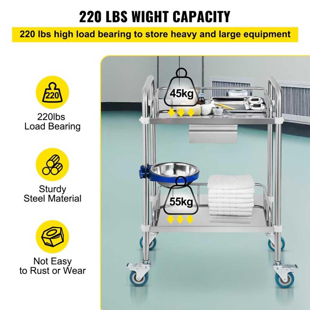 Bigapple Stainless Steel 2 Shelf Medical Instrument Trolley with Bin and drawer (60 L × 40 W × 86 H CM's)