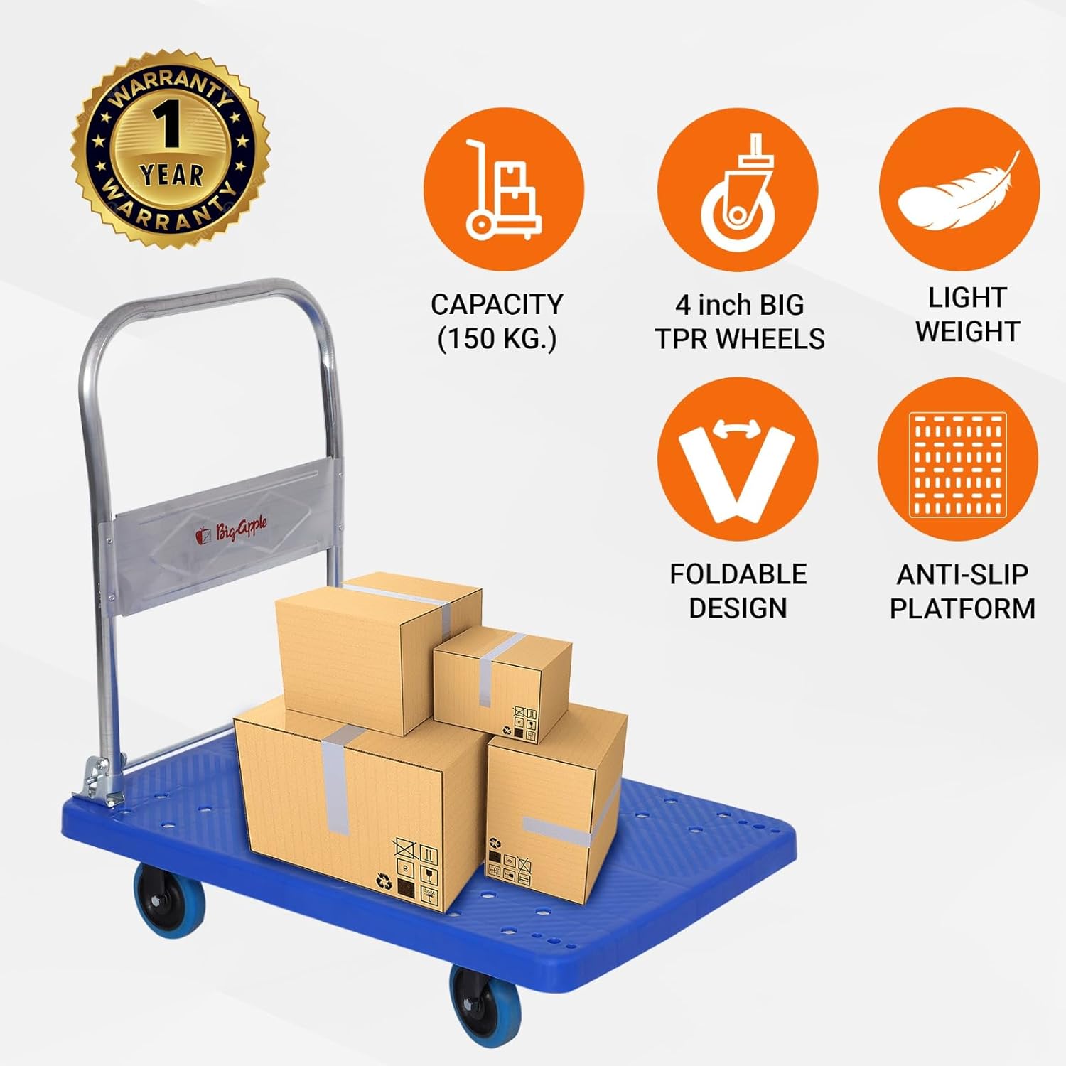 BIGAPPLE Plastic Foldable Platform Trolley for Heavy Weight/Material Handling Goods Trolley for Home, Office, Warehouse & Industries -Blue Color