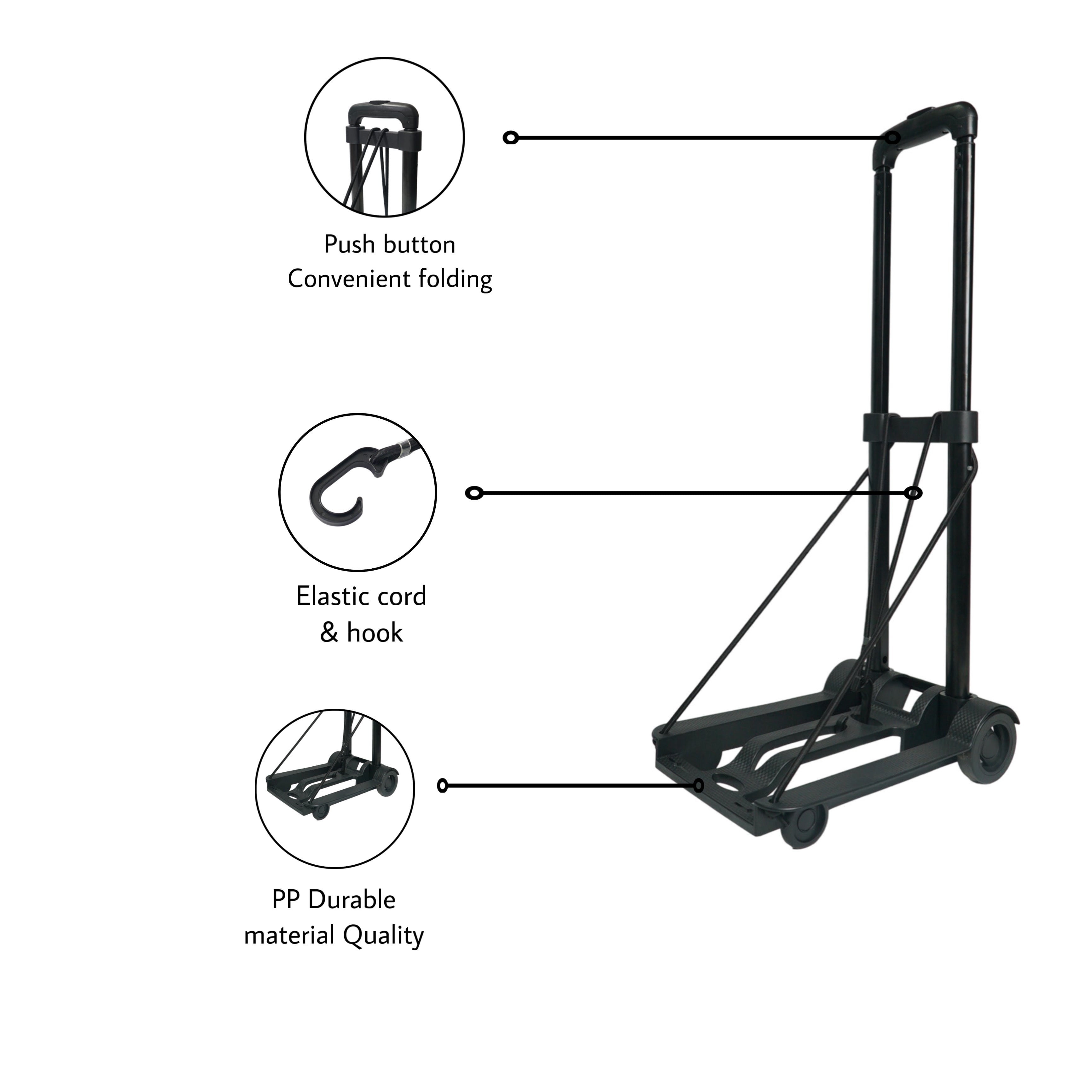 Bigapple Folding Hand Trolley Cart with Wheels I Adjustable Pull Handle I Heavy Duty Utility Cart I Portable, Light Weight Platform Truck I Luggage Trolley for Goods Carrying | Metal + ABS | 35Kg Capacity