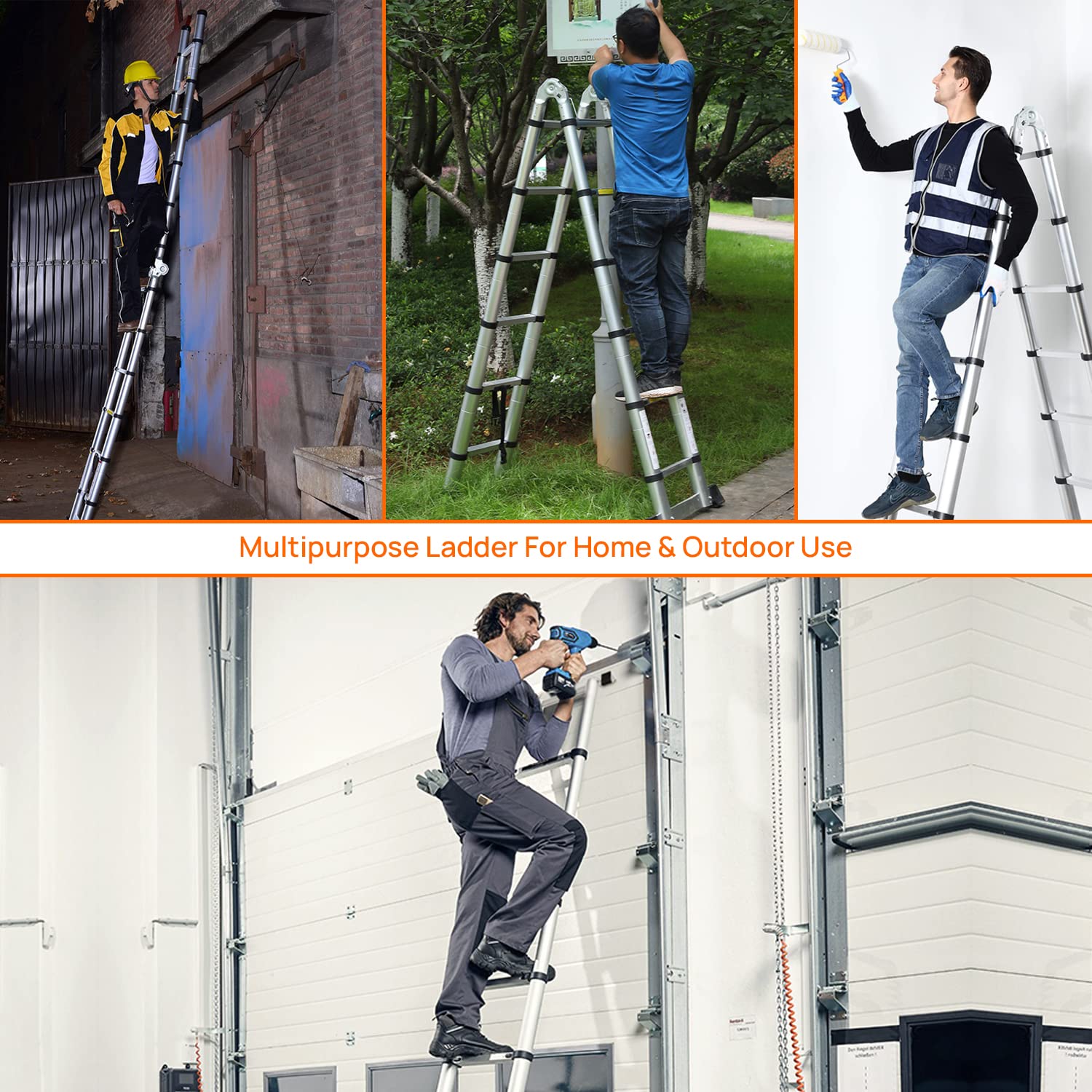 BIGAPPLE 5.0m (16.5 ft) Aluminium Telescopic Ladder, 8x2 Steps Foldable Ladder, EN131 Certified, A Type Ladder, Lightweight, Collapsible, Max Load up to 150 Kgs, 5 Meters, 16.5 ft Silver