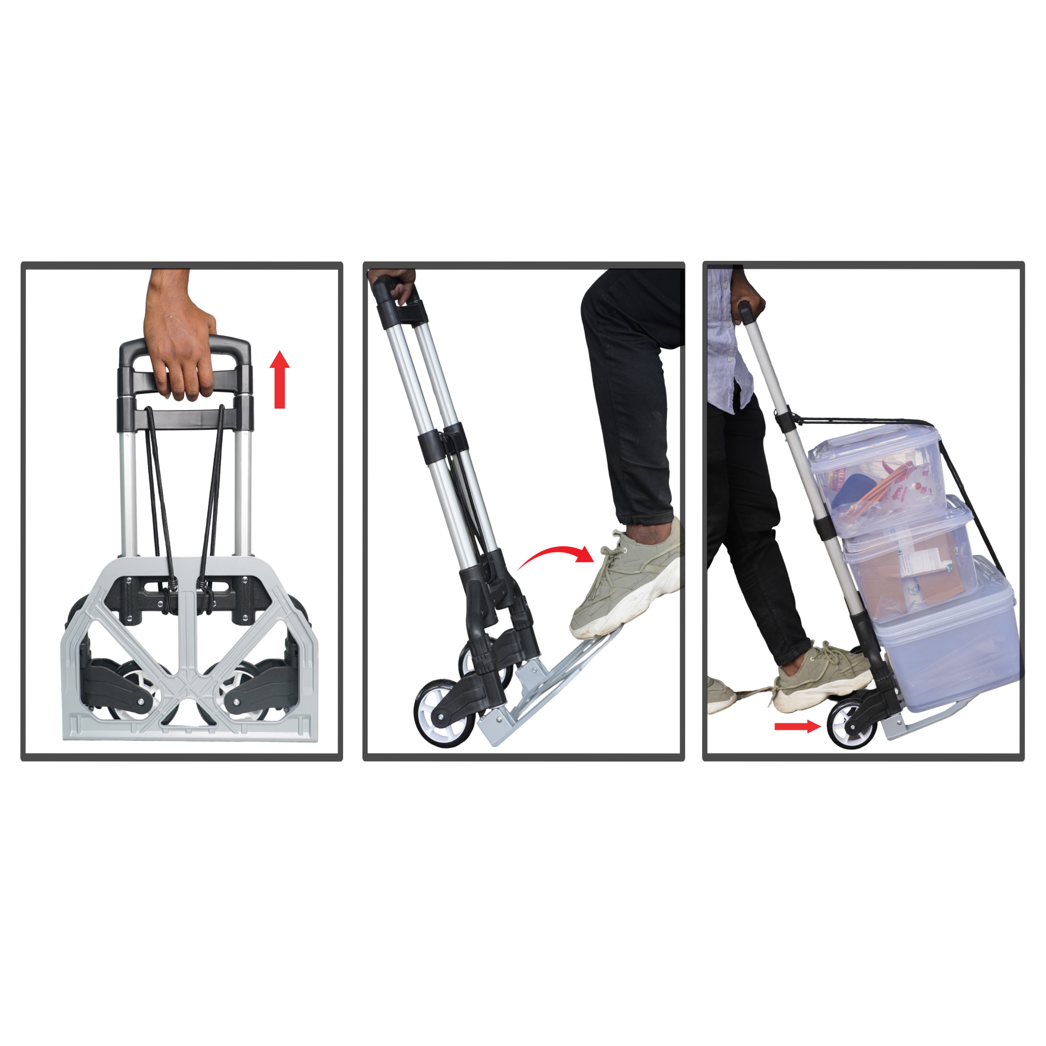 Bigapple Folding Hand Trolley Cart with Wheels I Adjustable Pull Handle I Heavy Duty Utility Cart I Portable, Light Weight Platform Truck I Luggage Trolley for Goods Carrying | Aluminium + ABS | 70Kg Capacity