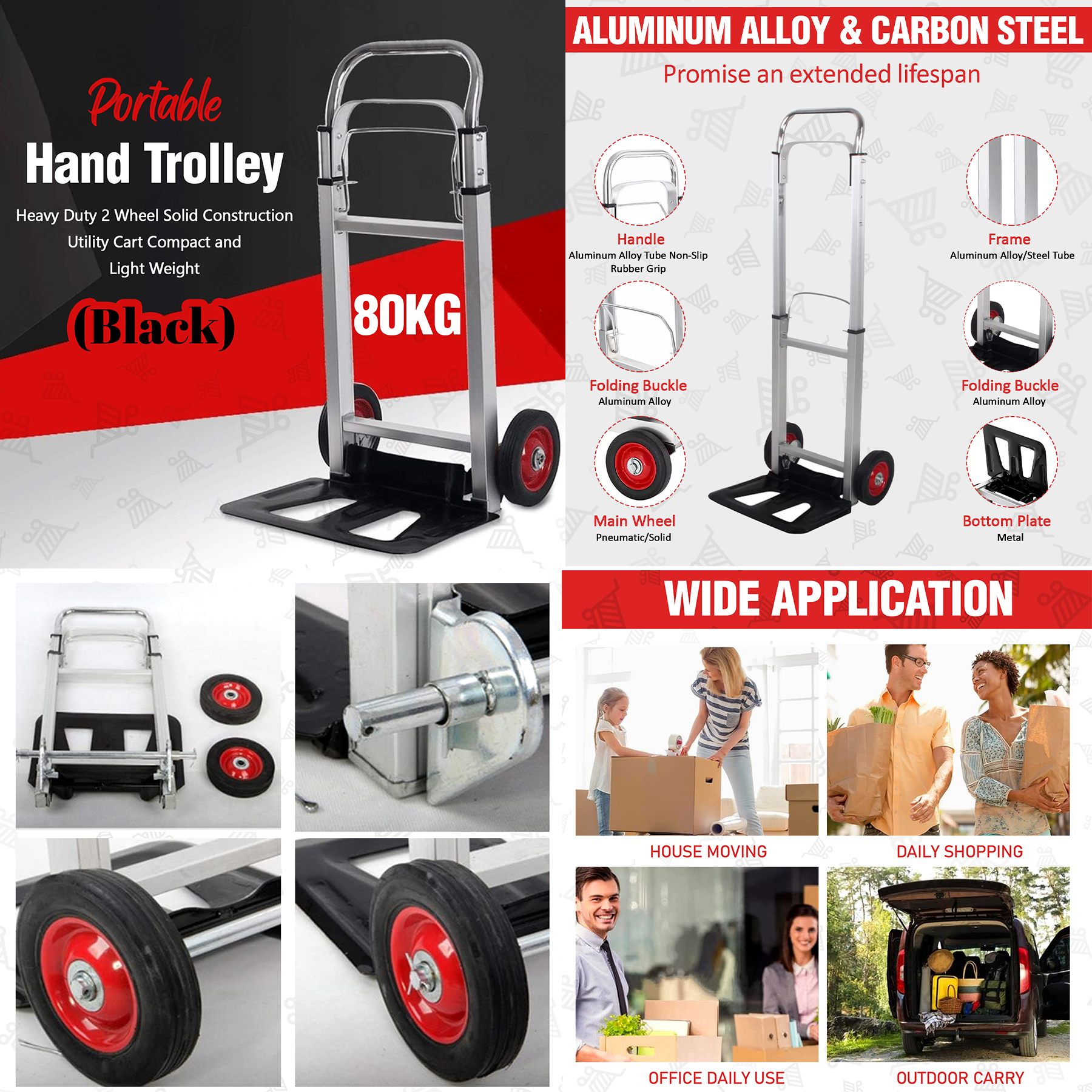 Bigapple Folding Hand Trolley Cart with Wheels I Adjustable Pull Handle I Heavy Duty Utility Cart I Portable, Light Weight Platform Truck I Luggage Trolley for Goods Carrying | Metal + ABS | 80Kg Capacity