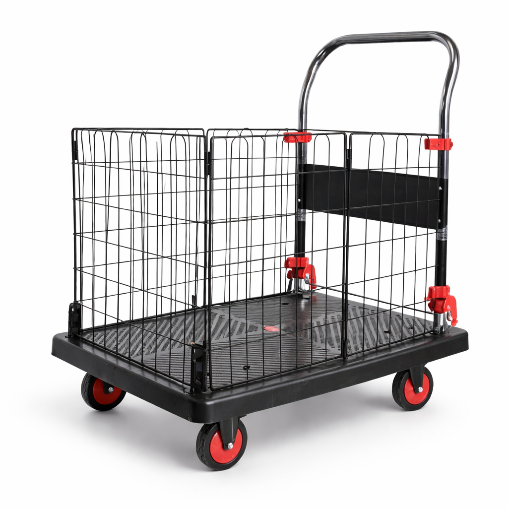 BIGAPPLE 150kg Capacity Plastic Collapsible Cage Platform Trolley for Heavy Weight/Material Handling Goods Trolley for Home, Office, Warehouse & Industries - 48cm x 72cm (4" Wheel/Black)