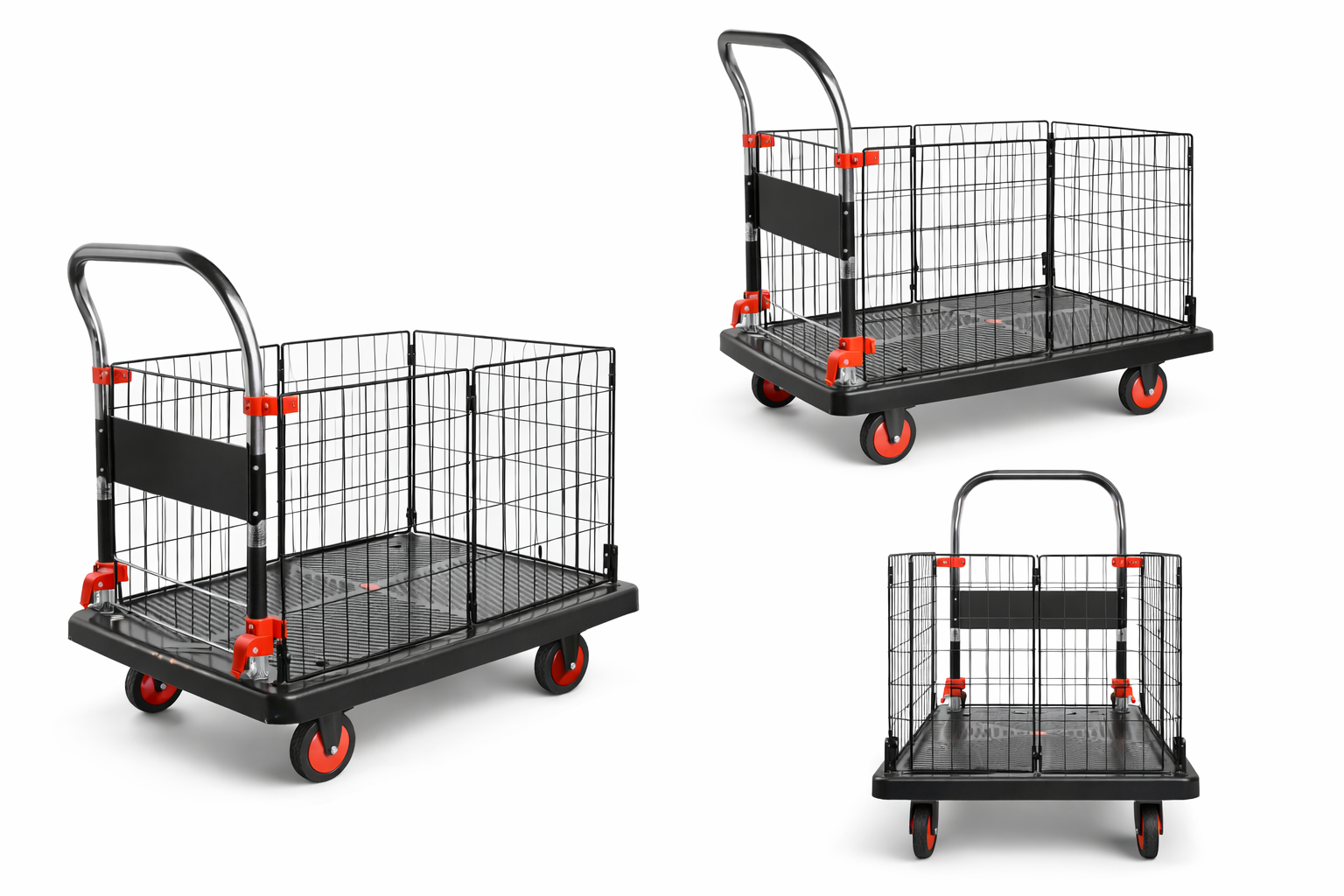 BIGAPPLE 150kg Capacity Plastic Collapsible Cage Platform Trolley for Heavy Weight/Material Handling Goods Trolley for Home, Office, Warehouse & Industries - 48cm x 72cm (4" Wheel/Black)