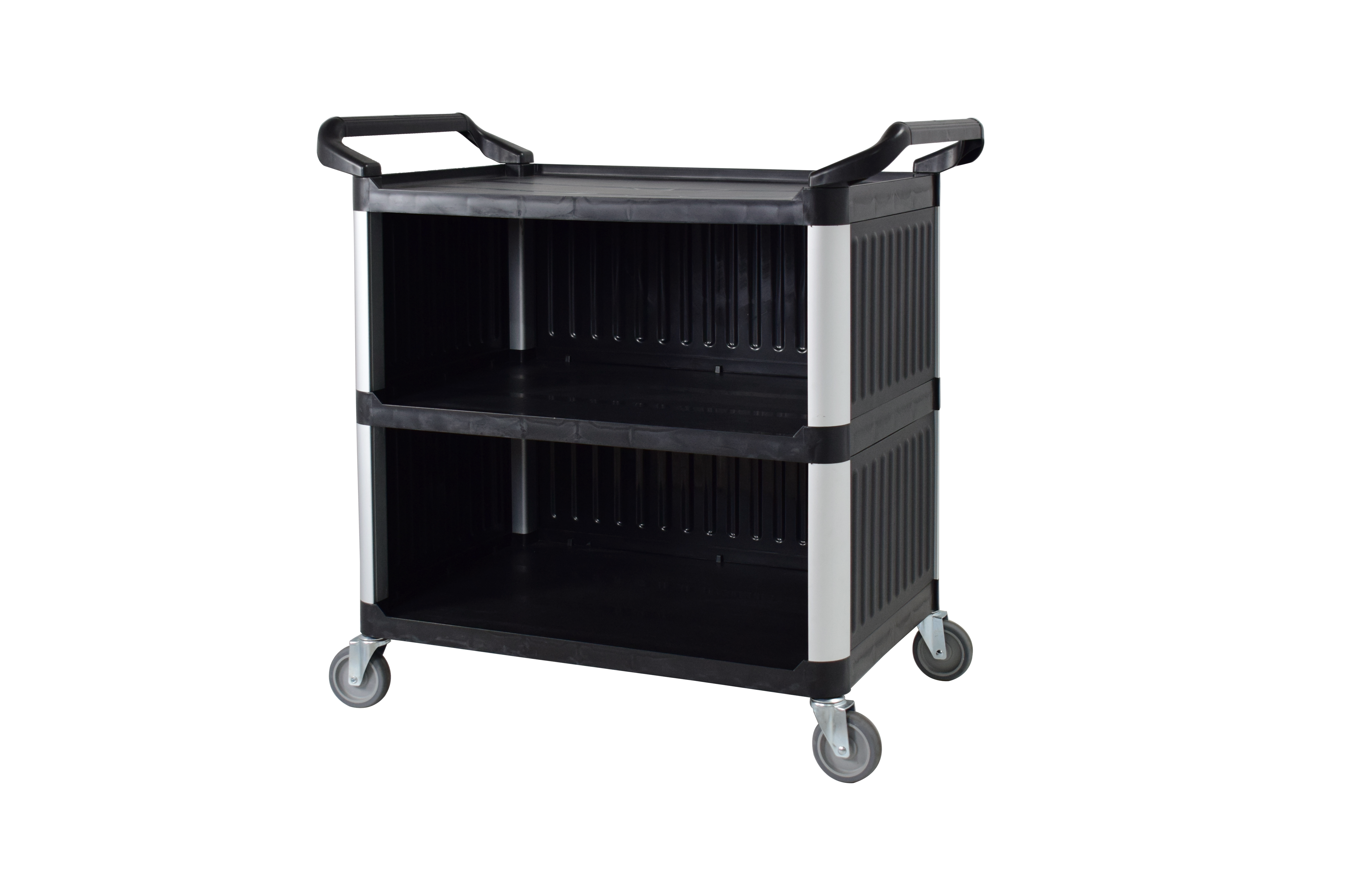 Bigapple 3-Tier Rolling Plastic Service Cart, 250kg Capacity Utility Carts with Wheels Heavy Duty 3 Shelf Tool Cart Restaurant Food Carts for Office, Warehouse, Garage (Lockable Wheels, Black, With Door)