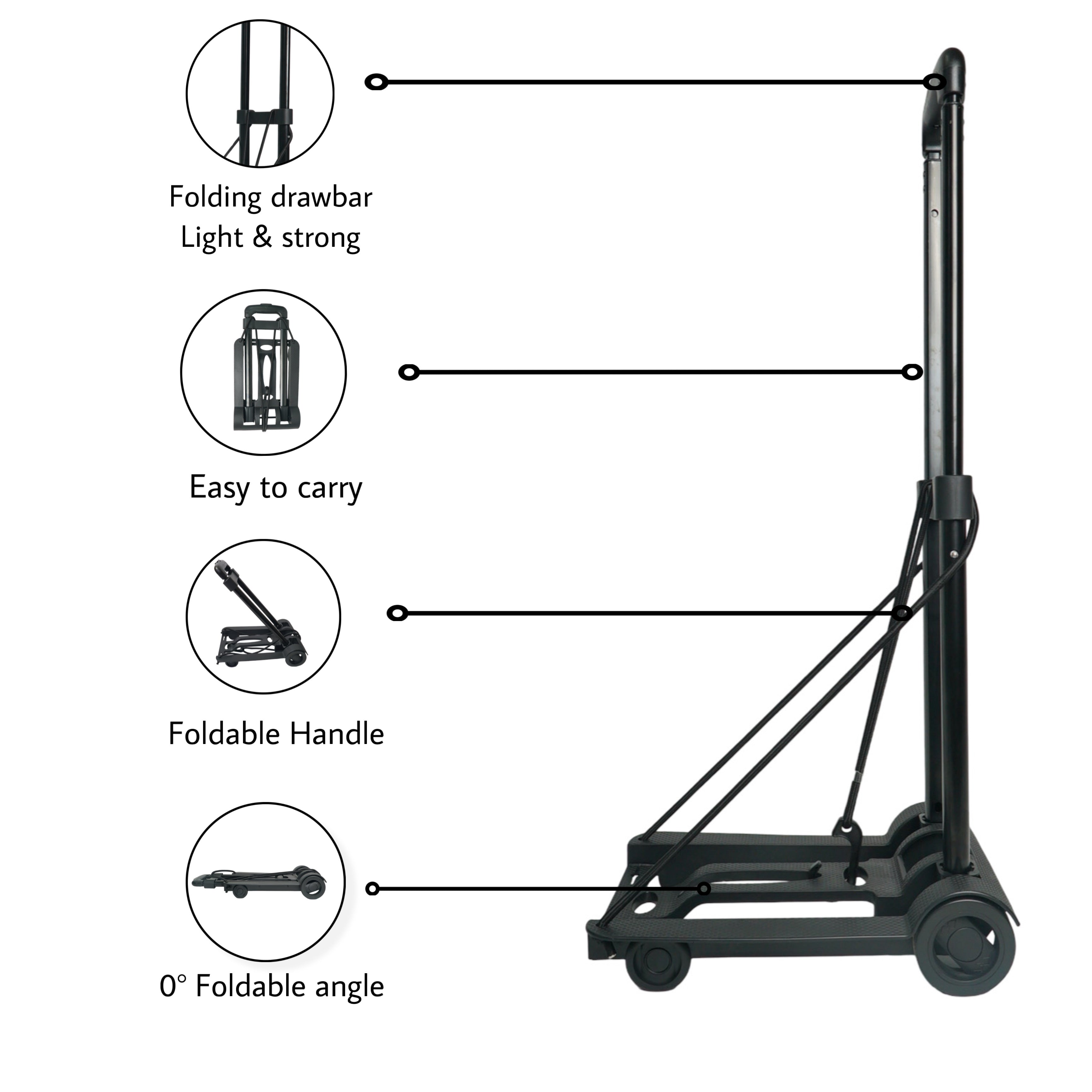 Bigapple Folding Hand Trolley Cart with Wheels I Adjustable Pull Handle I Heavy Duty Utility Cart I Portable, Light Weight Platform Truck I Luggage Trolley for Goods Carrying | Metal + ABS | 35Kg Capacity