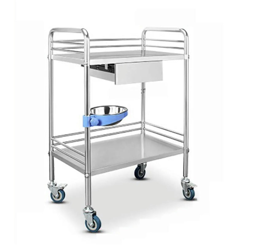 Bigapple Stainless Steel 2 Shelf Medical Instrument Trolley with Bin and drawer (60 L × 40 W × 86 H CM's)